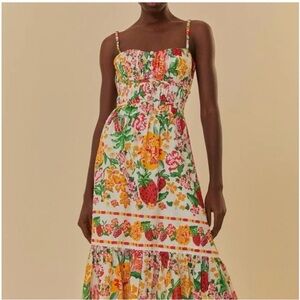 Farm Rio Floral Strappy Midi Dress in White with Multicolor Print